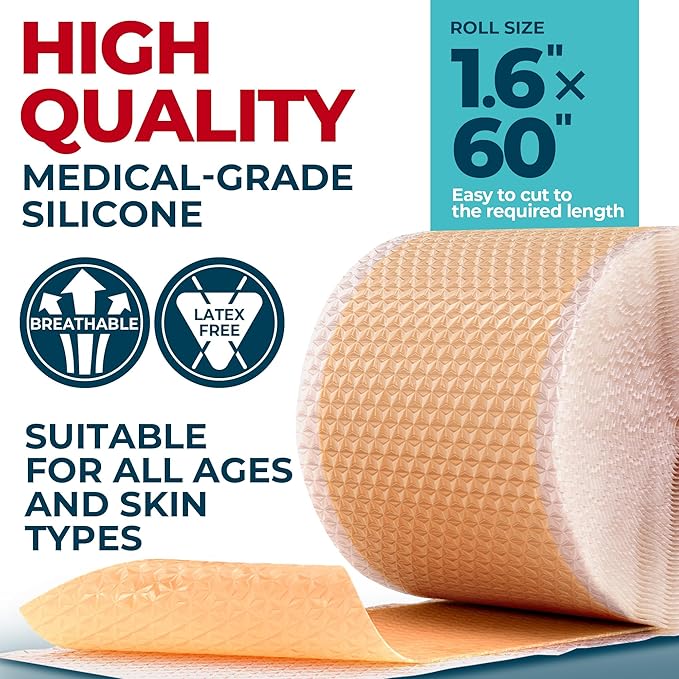 Medical Grade Silicone Scar Tape - 1.6”x60” - Visible Difference on Surgical & Keloid Scars - Reusable Silicone Scar Sheets - Easy to Use Silicone Tape for Scars