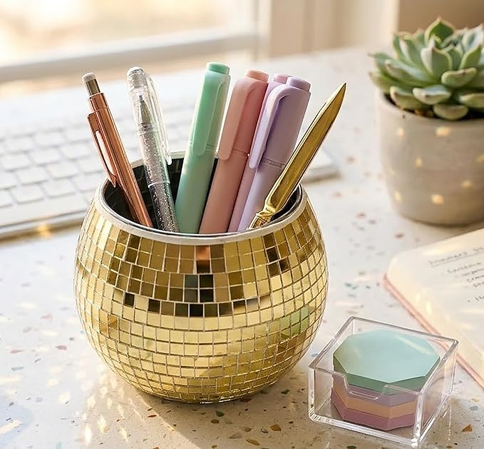 2 Pack Glass Disco Ball Makeup Brush with Smooth Grouting - Premium Mirror Mosaic Pencil Cup for Desk, Cute Pen Holder, Aesthetic Room Decor Gift (gold)