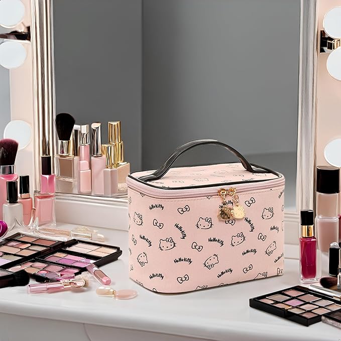 AmBealla Make up Bag Large Travel Cosmetic Bags Organizer with Brush Holder for Girl,Lightweight Cotton Toiletry Bag with Zipper for Women,Portable Makeup Case for Airplane/Home/Gym-Pink