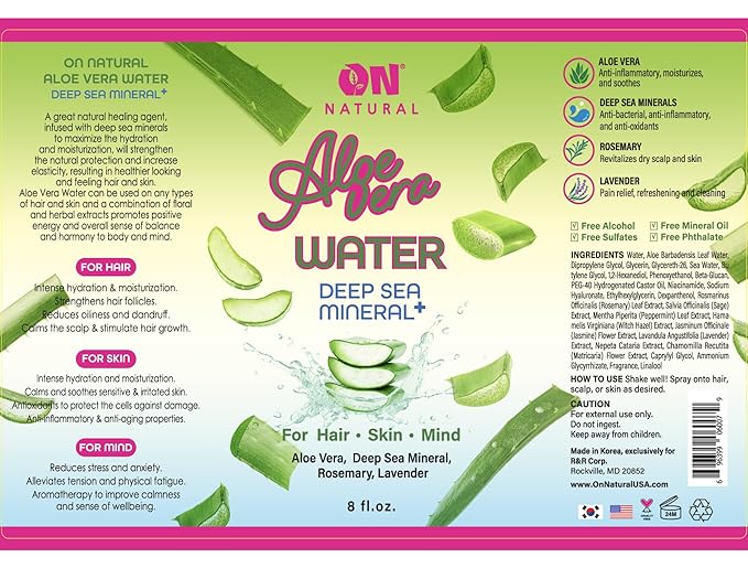 On Natural Aloe Vera Deep Sea Mineral Facial and Hair Mist, 8oz Facial and Hair Mist