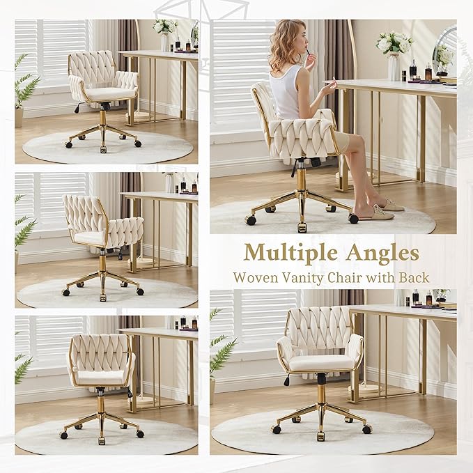 civama Velvet Office Desk Chair with Hand Woven Backrest, 360°Swivel & Height Adjustable Cute Girls Vanity Vlog Chairs, Nail Salon Bedroom Dressing Room Armchair with Gold Base and Wheels (Beige)