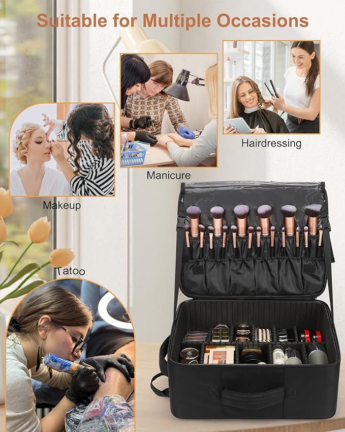 Relavel Makeup Backpack Extra Large Travel Train Case Professional Makeup Artist Kit Set Bag with 8 Clear Bags, Brush Storage Organizer Box with Dividers for Cosmetic Hair Tools Barber Supplies