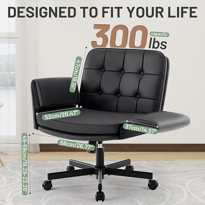Criss Cross Chair with Wheels - PU Leather Comfy Wide Seat Criss Cross Desk Office Chair with Armrests - Comfortable Swivel Rolling Tilting Vanity Chair with Back for Home Office Makeup Bedroom