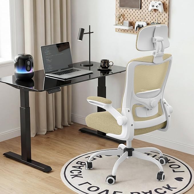 Ergonomic Office Chair, High Back Mesh Desk Chair with Adjustable Lumbar Support & Headrest, Flip-up Armrest, Computer Task Chairs for Home and Executive Office (W-Beige)