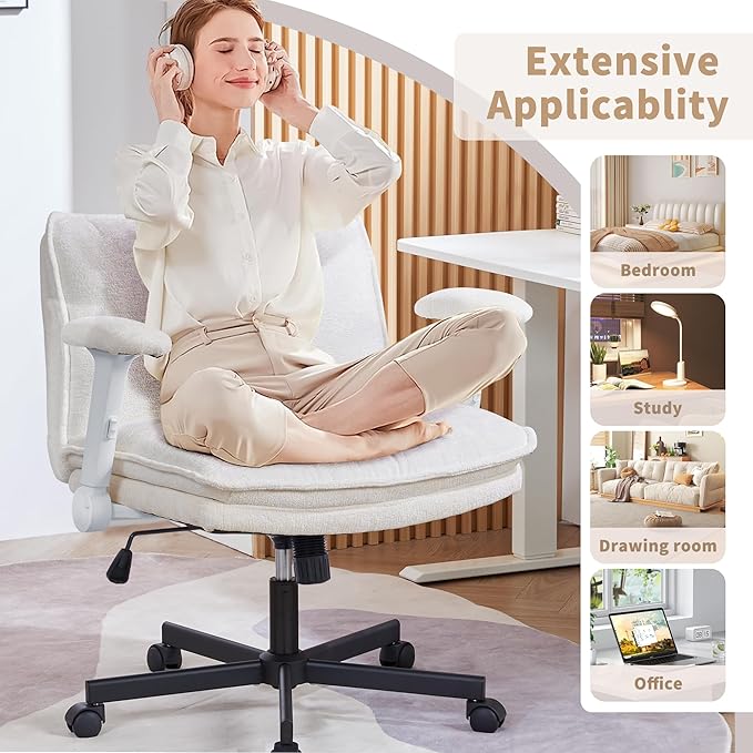 Cross Legged Office Chair, Height Adjustable Swivel Desk Chair with Flip-Up Arms, Padded Criss Cross Chair for Home Office & Bedroom