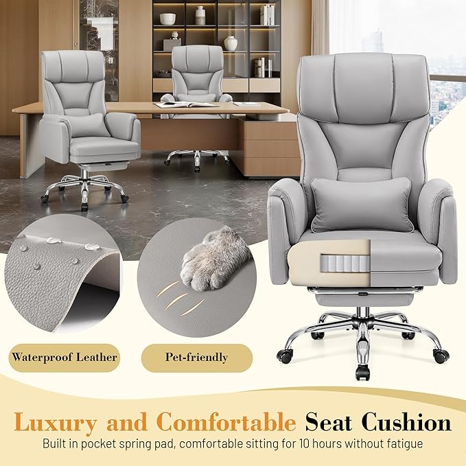 FelixKing Big and Tall Office Chair, 400LBS Wide Leather Executive Chair, Reversible Armrest for Pets Criss Cross Legged, 135° Reclining High Back Gaming Desk Chair with Lumbar Support Footrest, Gray