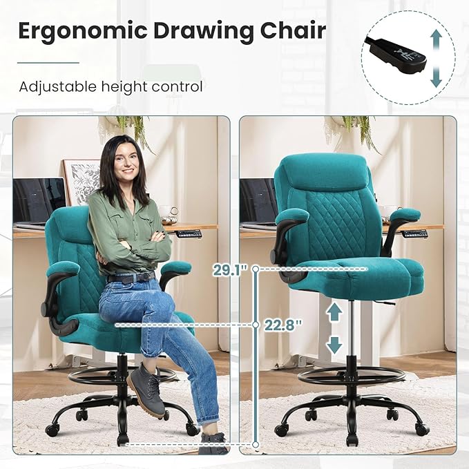 Drafting Chair for Standing Desk – Tall Office Chair with Adjustable Height & Foot Ring, Flip-Up Arms, Lumbar Support – Comfortable Fabric Seat, Ideal Home Desk Chair
