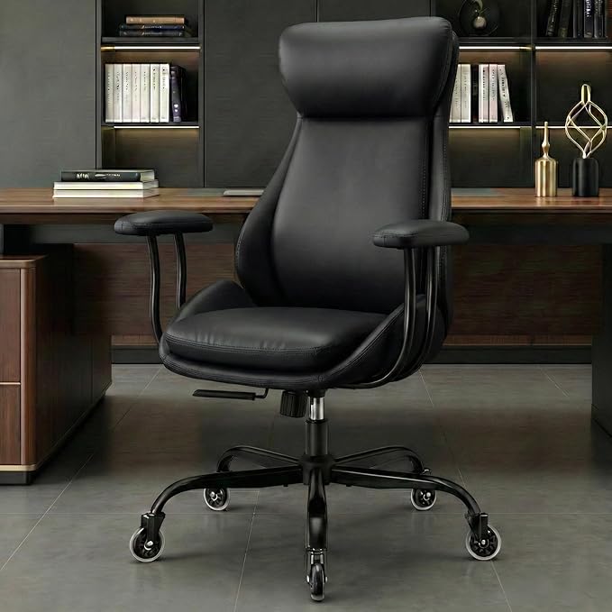 Office Chair, Leather Desk Chair with Rubber Wheels, Ergonomic Computer Chair 500 LBS with Lumbar Support, High Back Executive Chair for Modern Home Office, Black