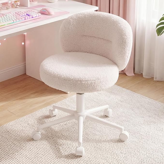 Small Round Vanity Chair with Wheels, Armless Home Office Desk Chairs with Back, Height Adjustable & 360° Swivel, Cute Comfy Vanity Computer Chair for Bedroom, Home Office, White