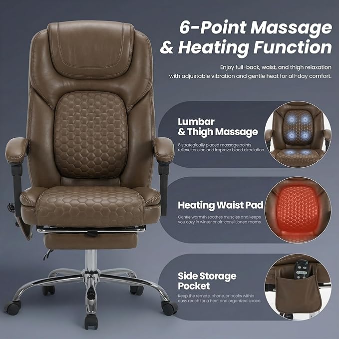 Massage Office Chair Set of 2 with 3-Level Heat and Footrest – 20-Min Easy Assembly, 300 lbs Big and Tall Desk Chair, PU Leather Ergonomic Executive Computer Chair with Side Pocket, Brown