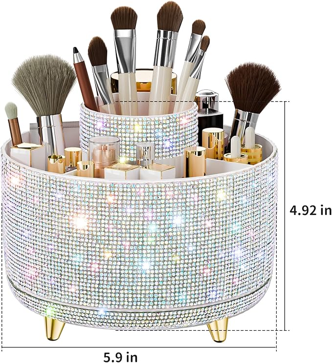 Bling Diamond Makeup Brush Holder, 360° Rotating Makeup Organizer, 5 Slot Make up Brushes Cup for Countertop, Storage for Cosmetics Pen Eyeliner Skincare on the Vanity ((Diamond white AB)