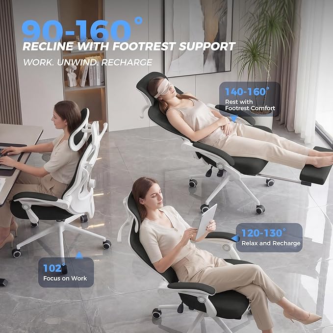 Ergonomic Office Chair with Footrest - Adjustable Lumbar Support & Headrest, 90-160° Reclining Mesh Back Computer Chair - Home Office/Gaming, 350lbs Capacity (SGS Certified)