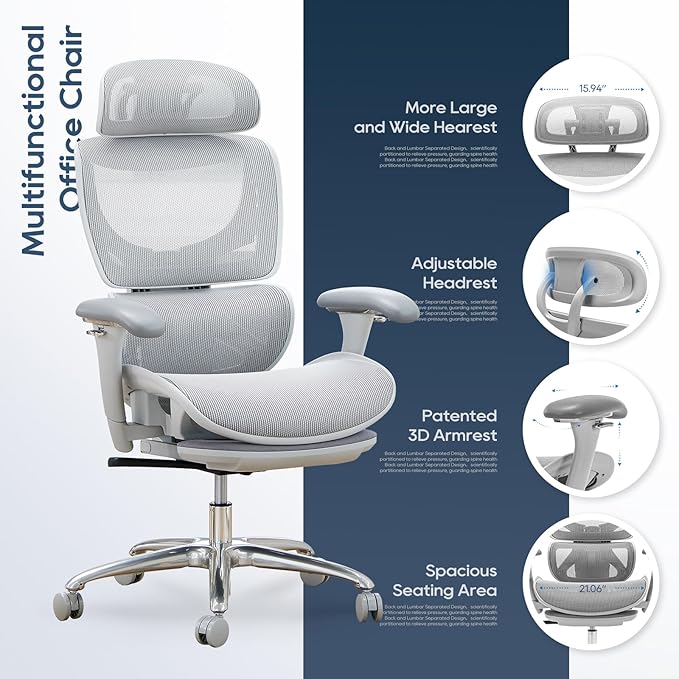 COLAMY Ergonomic Mesh Office Chair, High Back Desk Chair with Footrest, Adjustable Headrest and 3D Arms, Fixed Tilt Lock, Lumbar Support, Breathable Mesh Computer Chair for Home Office,Grey