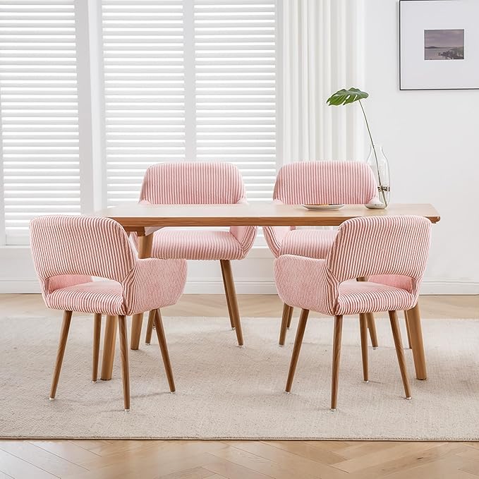 KCC Small Modern Dining Room Arm Chairs 1 Piece, Mid-Century Upholstered Corduroy Fabric Side Seat Club Guest with Metal Tube Legs for Kitchen, Living Room, Pink