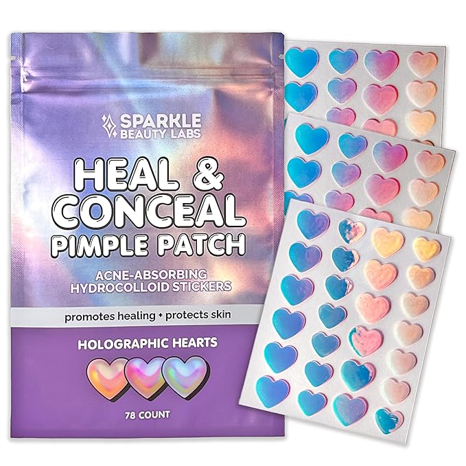 Heal & Conceal Pimple Patch - Cute Holographic Heart Shaped Acne Patches, Fun Hydrocolloid Zit Stickers for Face (Iridescent Hearts, 78 Count)