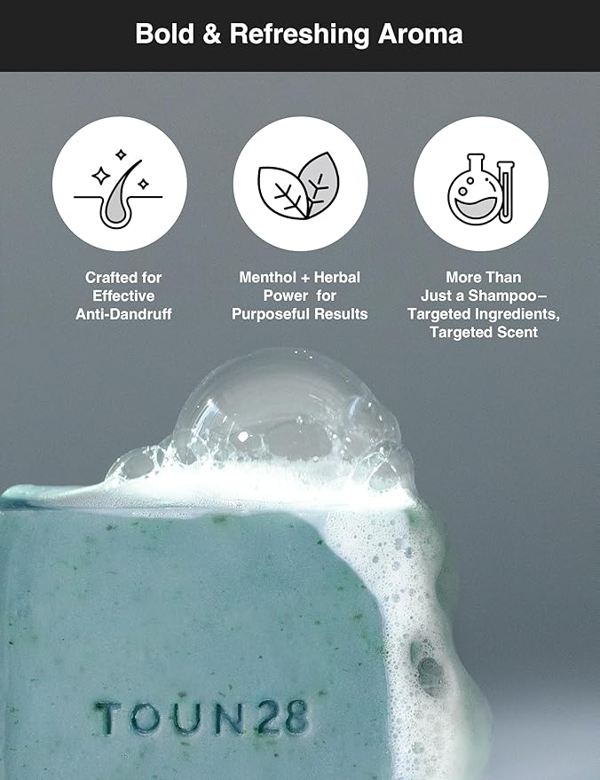 TOUN28 Anti-dandruff Natural Organic Vegan Cooling Shampoo Bar w/Centella Asiatica, Sea Salt & Menthol for Oily Scalp & Damaged Hair, Paraben Sulfate Silicone & Cruelty Free Bar Soap Korean Haircare
