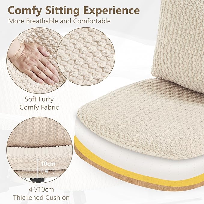 Fizzin Criss Cross Chair,Armless Cross Legged Chair with Wheels,Memory Foam Seat Office Desk Chair with Flipable Back Cushion,Mid Back Swivel Chair for Home Office,Bedroom Vanity (Beige)