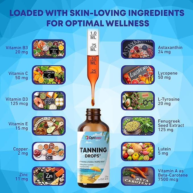 Sunless Tanning Drops to Drink - Drinkable Self Tan for Glow & Natural Radiant Skin Tone - Drinking Melanin Oral Liquid Tanner for Face Body Suitable for All Skin Types - Vegan Sugar Free