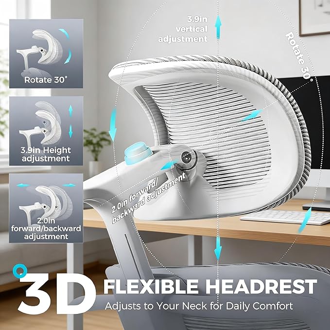 Ergonomic Mesh Office Chair with Footrest, Big and Tall Home Desk Chair with 5D Flip-Up Arms, Adjustable Lumbar Support, Gaming & Executive Computer Chairs, Grey