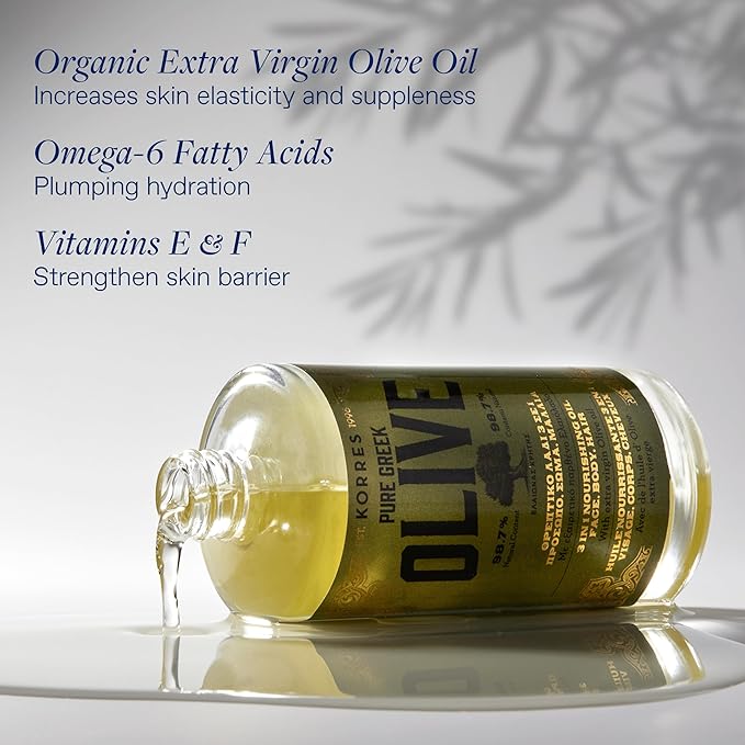 KORRES Extra Virgin Olive Oil for Face, Hair and Body, Moisturizer for Dry Skin and Hair, Pure, Greek Cold Pressed Olive Oil, Body Oil and Face, Hair Oil, Hydrating and Nourishing, 3.38 fl oz