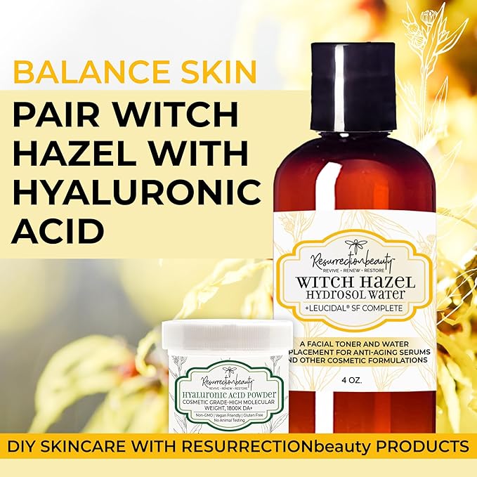 RESURRECTIONbeauty Witch Hazel Hydrosol with Leucidal® SF Complete | Alcohol Free Facial Toner & Witch Hazel Distillate Base Ingredient for Clay Masks & DIY Hyaluronic Acid Serum, 4oz