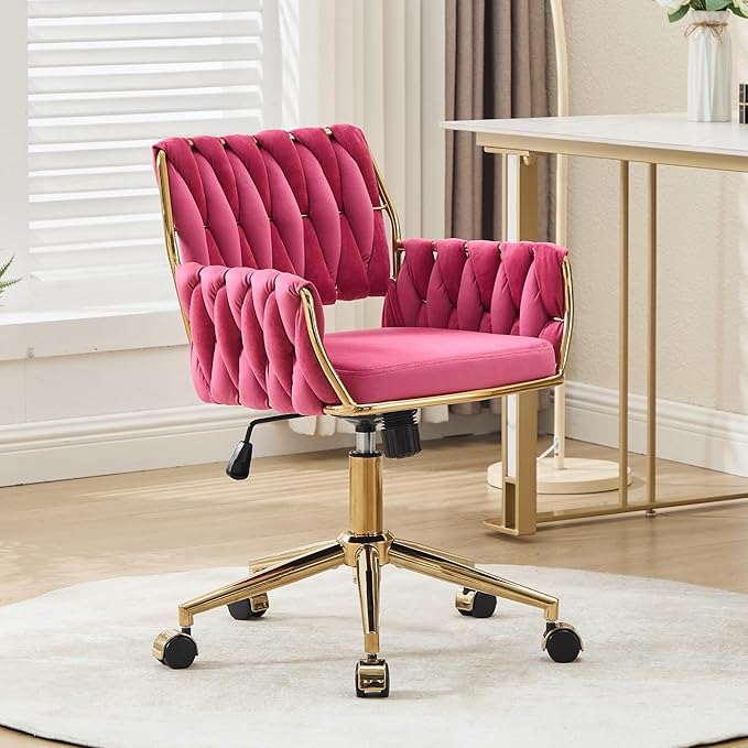 civama Velvet Office Desk Chair with Hand Woven Backrest, 360°Swivel & Height Adjustable Cute Girls Vanity Vlog Chairs, Nail Salon Bedroom Dressing Room Armchair with Gold Base and Wheels (Hot Pink)