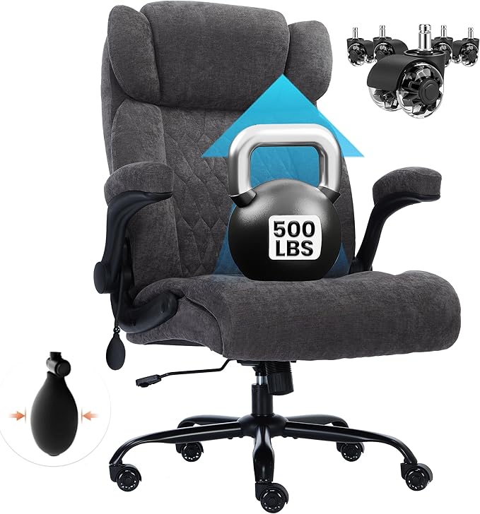 500lbs Big and Tall Office Chair Adjustable Lumbar Support for Back Pain, Extra Wide Seat Executive Office Chair Thick Armrest Pad, Heavy Duty Base&Upgraded Wheels, Ergonomic Comfy Computer Desk Chair