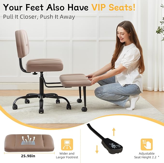 Criss Cross Legged Office Chair with Wheels,Swivel Meditation Chair for ADHD,Ergonomic Cross Legged Desk Chair with Thicken Adjustable Footstool,PU Sitting Fidgeting Kneeling Chair for Home Yoga Brown
