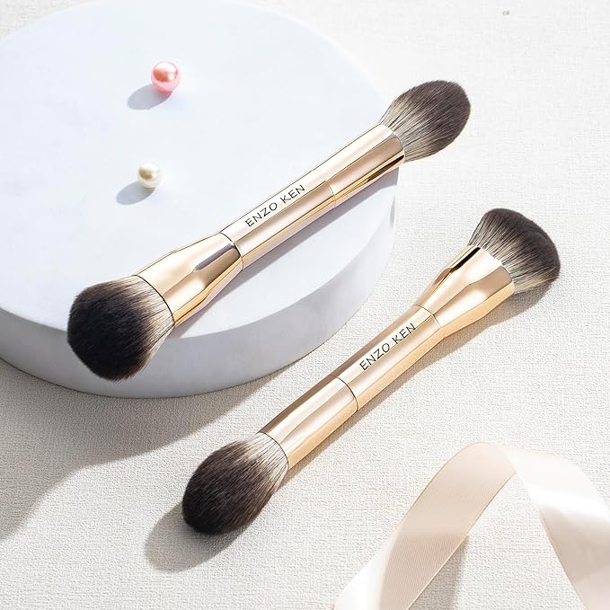 Double Ended Blush and Bronzer Brush, Makeup Brush for Blush Makeup, Double Sided Makeup Brushes, Cream Contour Brush Gold, Fluffy Bronzer Blush Brush for Cheeks, Bronzing - 124B
