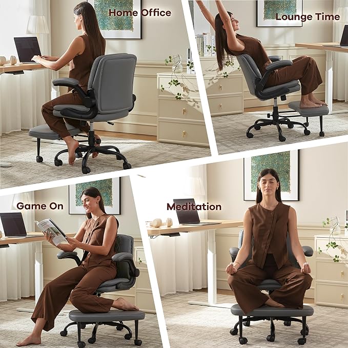 AreShark Cross Legged Office Chair,ADHD Criss Cross Desk Chair with Wheels & Stretchable Rotating Footrest,Height Adjustable Wide Yoga Kneeling Meditation Chair with Flip-up Armrests Back Support