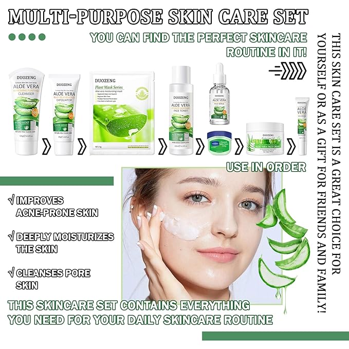 Skin Care Kit,Skincare Gift Set with Facial Cleanser,Toner,Serum,Eye Cream, Face Cream,Exfoliating Gel,Sleeping Lip Mask & 3 Pcs Aloe Vera Mask Kit for Women(10 Count)