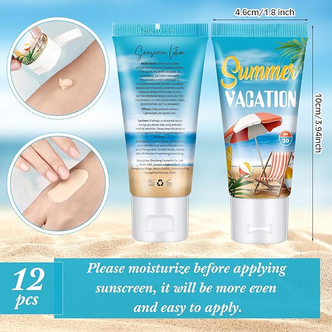 12 Pcs Mini Tinted Sunscreen Bulk for Summer Vacation Party Spf 30 Water Resistant Sunscreen Lotion Bulk 1 oz Travel Size for Thank You Gifts Summer Vacation Party Supplies