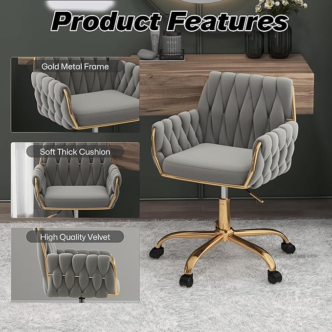 Woven 360°Swivel Desk Chair, Velvet Height Adjustable Home Office Armchair with Golden Base for Teens Women Girls, Upholstery Computer Chair for Home Studios and Office, Woven & Light Gray