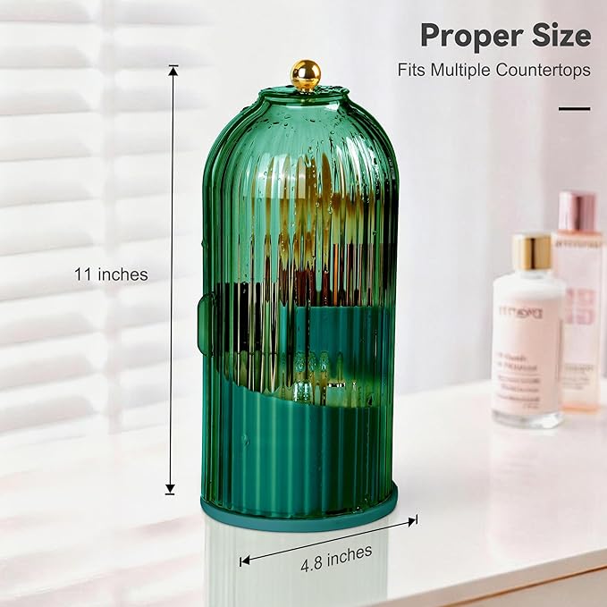 360° Rotating Makeup Brush Holder with Lid, Waterproof Three-Compartment Makeup Organizer, 180° Side-Pull Door Desk Organizer, Dustproof Brush Holder for Vanity and Bathroom (Green)