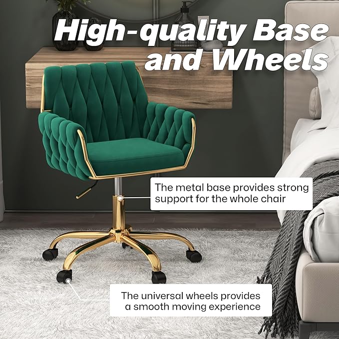 Woven 360°Swivel Desk Chair, Velvet Height Adjustable Home Office Armchair with Golden Base for Teens Women Girls, Upholstery Computer Chair for Home Studios and Office, Woven & Dark Green