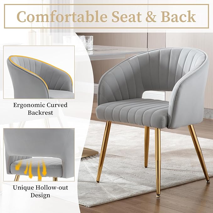 Westice Velvet Home Office Desk Chair Set of 1, Modern Tufted Vanity Chairs with Gold Metal Legs, Upholstered Accent Armchair for Living Room Restaurant, Light Grey