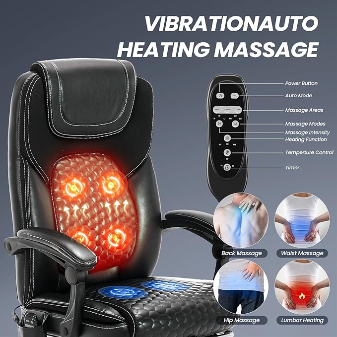 Massage Office Chair with 3-Level Heat and Footrest – 20-Min Easy Assembly, 300 lbs Big and Tall Desk Chair, PU Leather Ergonomic Executive Computer Chair with Side Pocket, Black,Set of 2