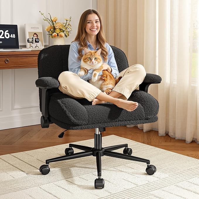 Desk Chair with Arms, Wide Ergonomic Office Chair with Thickened Seat Cushion, Cross Legged Office Chair for Home Office, Bedroom, Study Room, Plush Fabric, Black