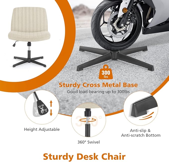 Sweetcrispy Criss Cross Chair Legged, Armless Office Swivel Desk Chair No Wheels, Vanity Height Adjustable Wide Seat Comfy Cute Computer Task Seating for Home Bedroom