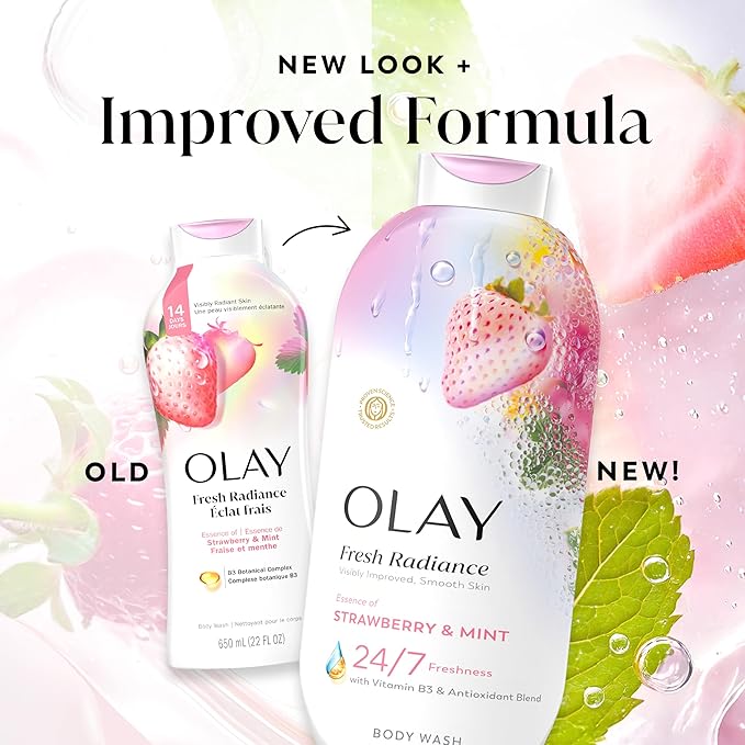 Olay Body Wash for Women, Fresh Radiance, 24/7 Skin-Loving Freshness, Visibly Radiant, Plant Based Cleansers, Vitamin B3 & Antioxidant Blend, For All Skin Types, Strawberry & Mint Scent, 22 fl oz