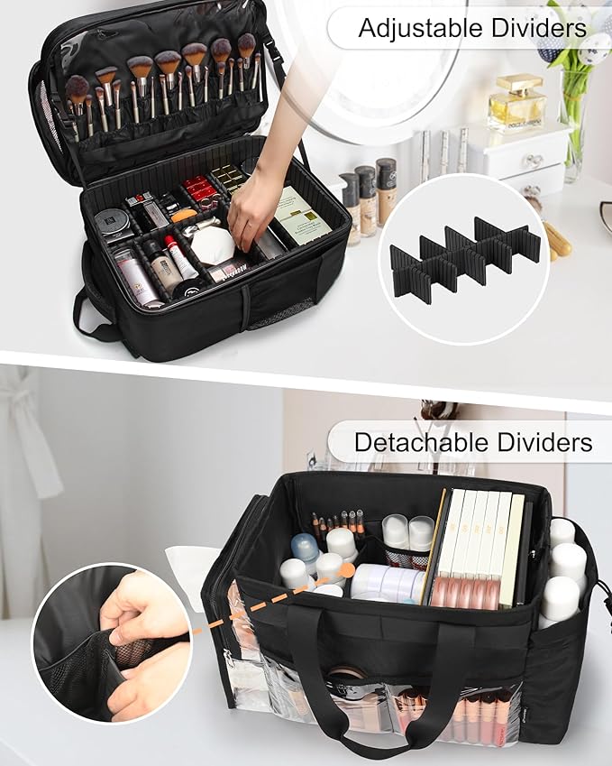 TANTO Makeup Backpack, Makeup Artist Bag Professional Cosmetic Bag with 4 Bag & Tote Bag Double-Layer Make up Storage Organizer Cosmetic Case with Adjustable Divider(Black+XX Large)