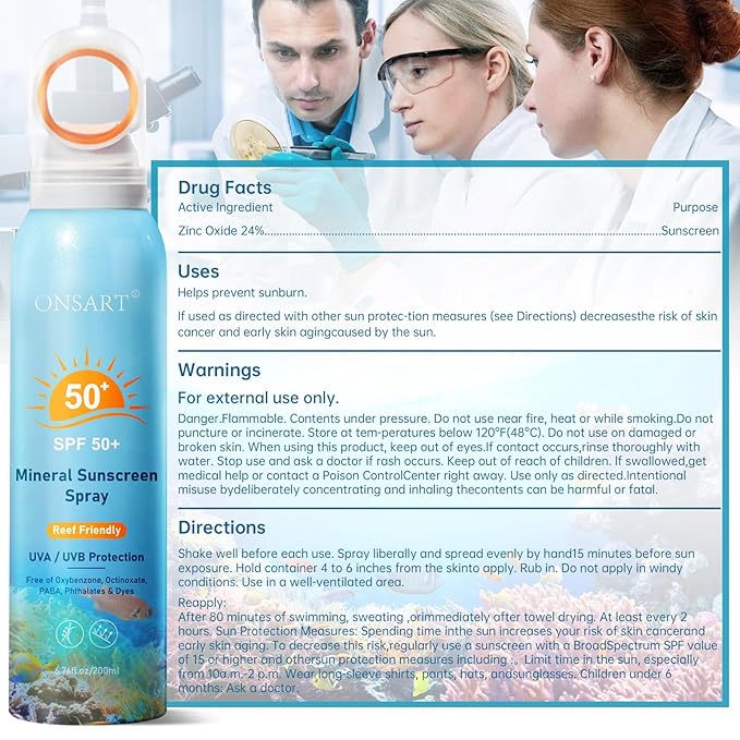 Reef Safe Mineral Sunscreen Spray SPF 50+ with Zinc Oxide, Broad Spectrum UVA/UVB Protection, Lightweight Non-Greasy, Travel Size Sunscreen for Face & Body, Water & Sweat Resistant, 6.76 oz(2 Pack)