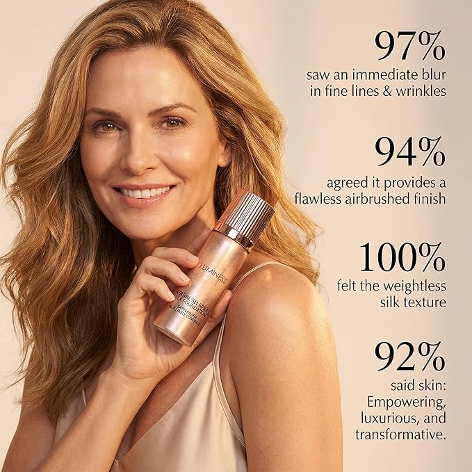 LUMINESS Silk Airbrush Spray Foundation & Buffing Brush Kit – Full Coverage Foundation & Dual-Sided Buffing Brush - Buildable Coverage, Anti-Aging Formula Hydrates & Moisturizes (Shade - Deep Dark)