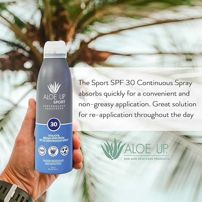 Aloe Up Sport Spray Sunscreen SPF 30 – Broad Spectrum Sunblock with Hydrating Aloe Vera Gel – Fast Absorbing, No White Cast, Reef Friendly, Water Resistant up to 80 Minutes, Fragrance Free – 6 Oz