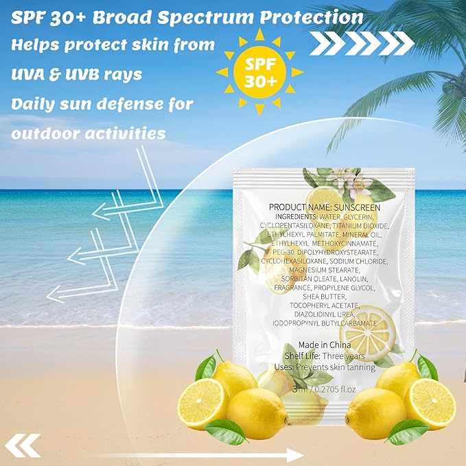 Leelosp 100 Pack Travel Size Sunscreen Bulk Mini Sunscreen Packets Spf 30+ for Beach Trip Vacation Outdoor, Wedding Party Favors Mediterranean Summer Thank You Gifts for Guests Women