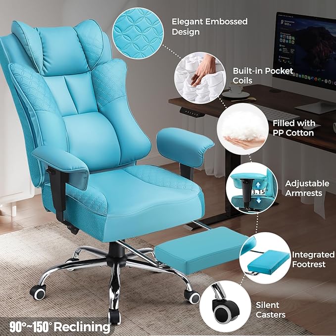 GTPLAYER Big and Tall Office Chair 400LBS Wide Ergonomic Gaming Chair with Deluxe Embossing Designed Leather with Foot Rest,150°Reclining Adjustable Soft Armrests Pocket Spring Back Support and Pillow