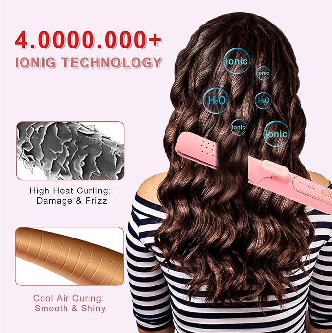 2 in 1 Hair Straightener and Curler, Airflow Styler Curling Iron - Titanium Flat Iron Hair Straightener for Long-Lasting Curls and Straightener, Dual Voltage & Adjustable Temps 360° Curling Wand