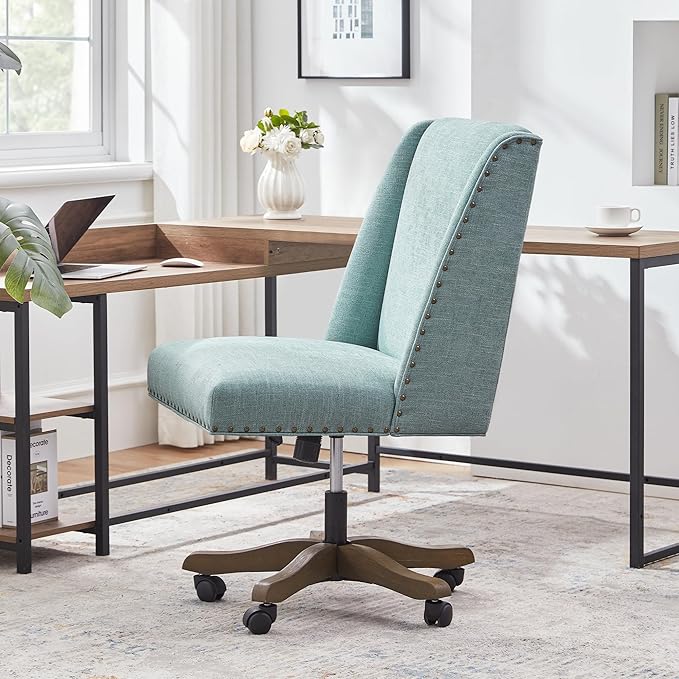 Armless Office Chair with Wooden Legs, Modern Adjustable Upholstered Home Office Desk Chair No Arms Sewing Chair Swivel Chair for Home Office Study Studio (Teal)