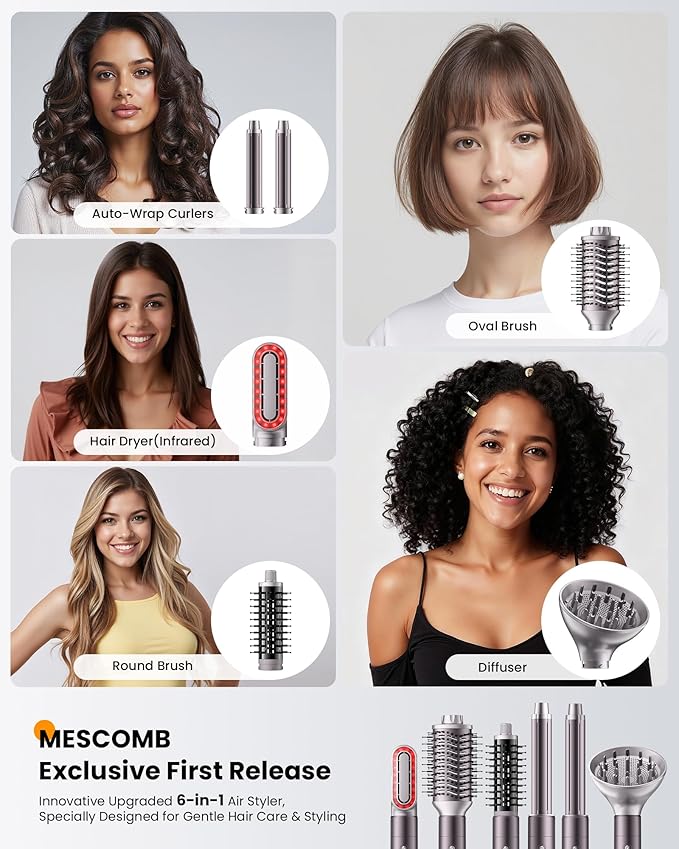 MESCOMB Upgraded Infrared 6 in 1 Hot Air Styler Wrap- Dual Voltage Hair Dryer| Fast Drying & No Heat Damage, Professional Multi-Styler for Curling, Volumizing & Smooth Straightening (100V-240V),Purple