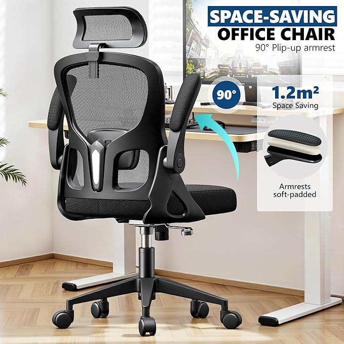 Ergonomic Office Chair, Mesh Desk Chair with Adjustable Headrest & Lumbar Support, Rolling Computer Chair with Flip-up Armrests, Comfy Swivel Home Office Chair for Long Hours - Black